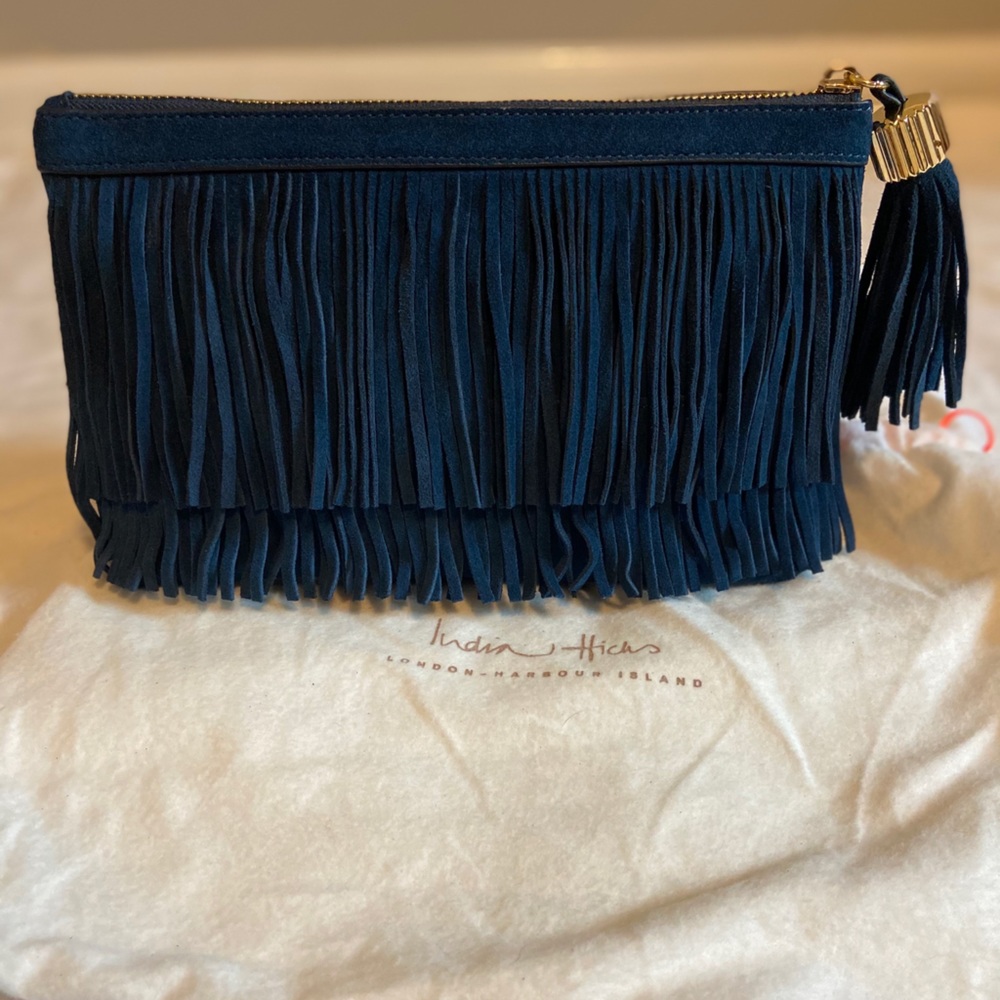 India Hicks deep sea blue Fringe suede clutch